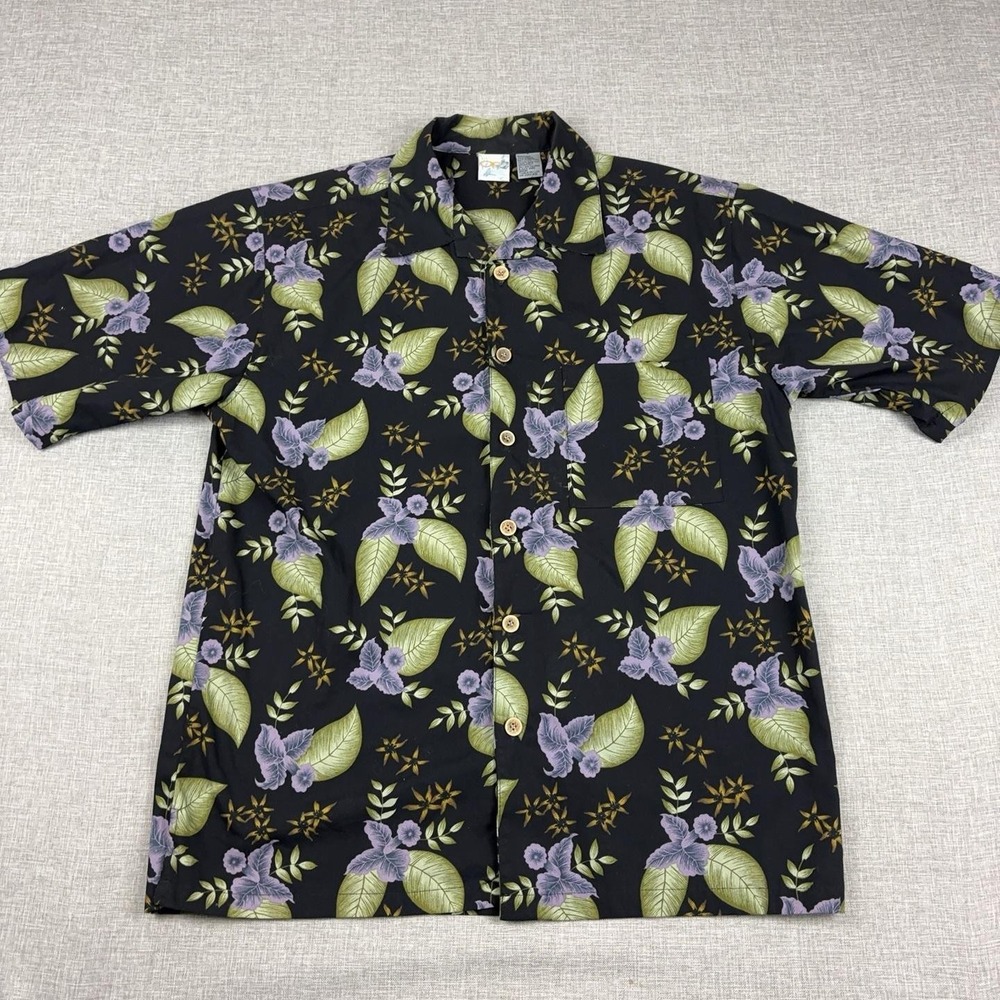 Vintage Op Shirt Mens Medium Black Floral Hawaiian Short Sleeve Button Up Cotton